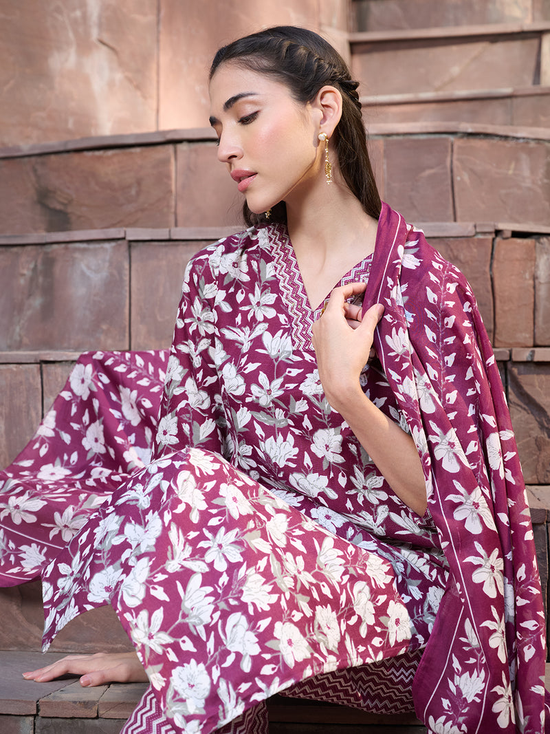 Stylum Women's Red Ethnic Printed Cotton Blend Straight Kurta Pant Dupatta Set (KPDREDMONTAG)