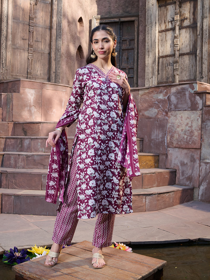 Stylum Women's Red Ethnic Printed Cotton Blend Straight Kurta Pant Dupatta Set (KPDREDMONTAG)