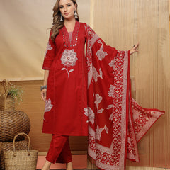 Stylum Women's Red Solid & Embroidered Cotton A-Line Kurta Pant Dupatta Set (KPDREDMUSAFIR)