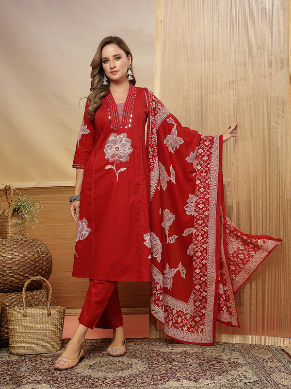 Stylum Women's Red Solid & Embroidered Cotton A-Line Kurta Pant Dupatta Set (KPDREDMUSAFIR)