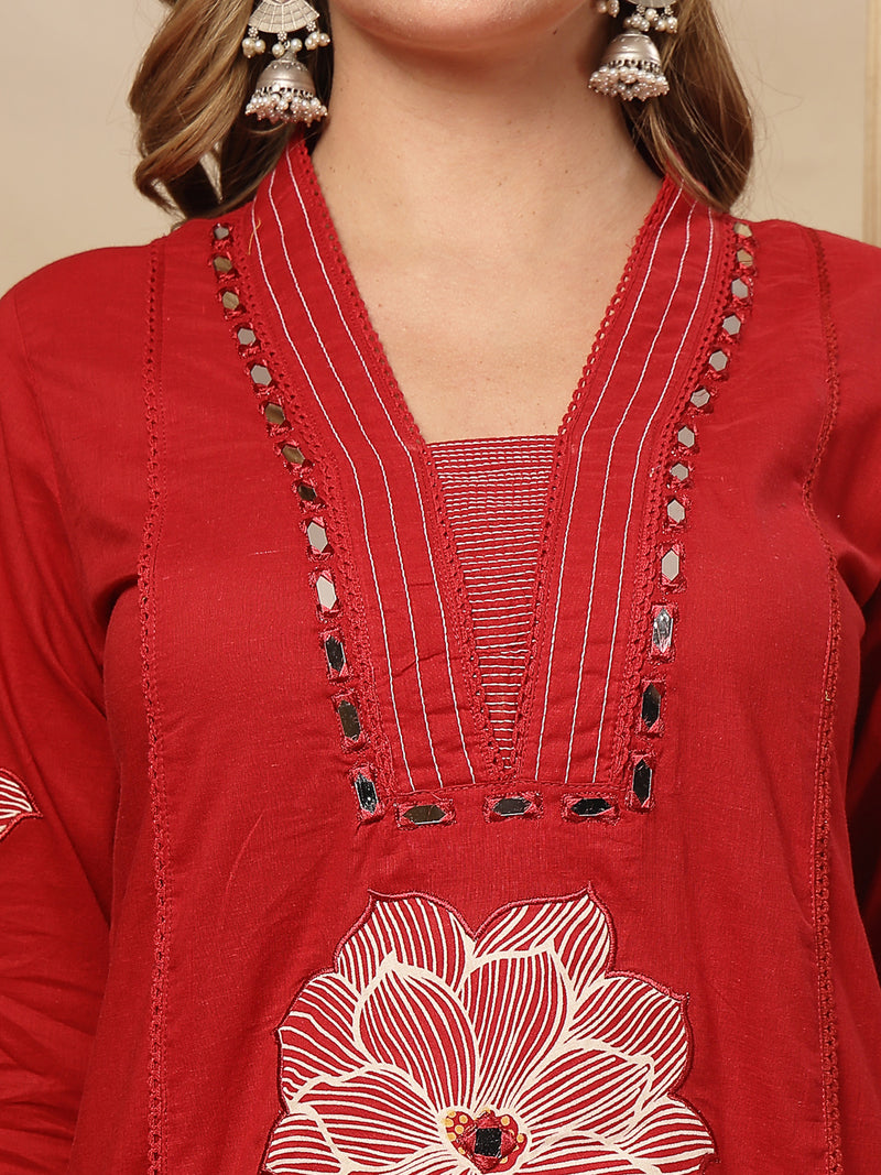 Stylum Women's Red Solid & Embroidered Cotton A-Line Kurta Pant Dupatta Set (KPDREDMUSAFIR)