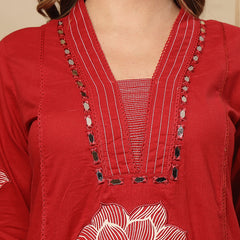 Stylum Women's Red Solid & Embroidered Cotton A-Line Kurta Pant Dupatta Set (KPDREDMUSAFIR)