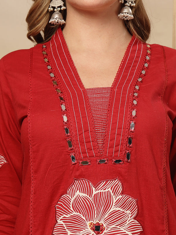 Stylum Women's Red Solid & Embroidered Cotton A-Line Kurta Pant Dupatta Set (KPDREDMUSAFIR)