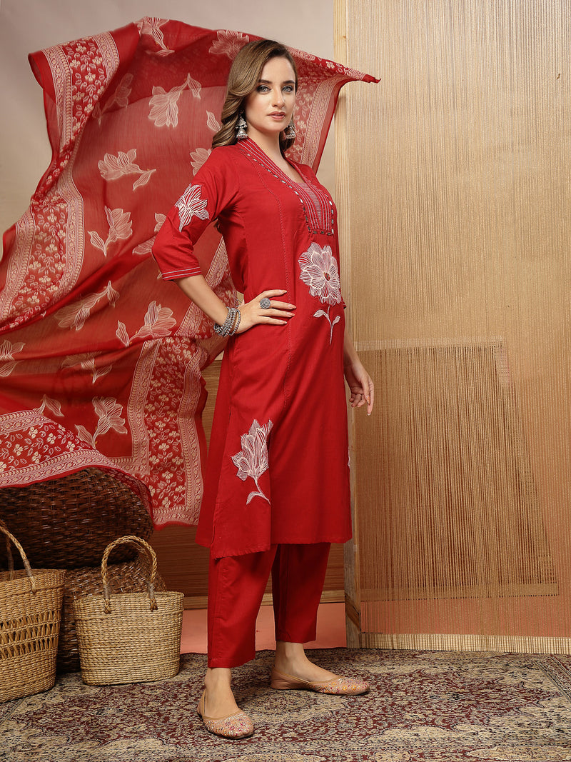 Stylum Women's Red Solid & Embroidered Cotton A-Line Kurta Pant Dupatta Set (KPDREDMUSAFIR)