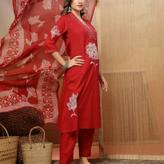 Stylum Women's Red Solid & Embroidered Cotton A-Line Kurta Pant Dupatta Set (KPDREDMUSAFIR)