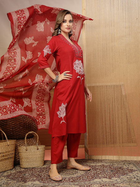 Stylum Women's Red Solid & Embroidered Cotton A-Line Kurta Pant Dupatta Set (KPDREDMUSAFIR)