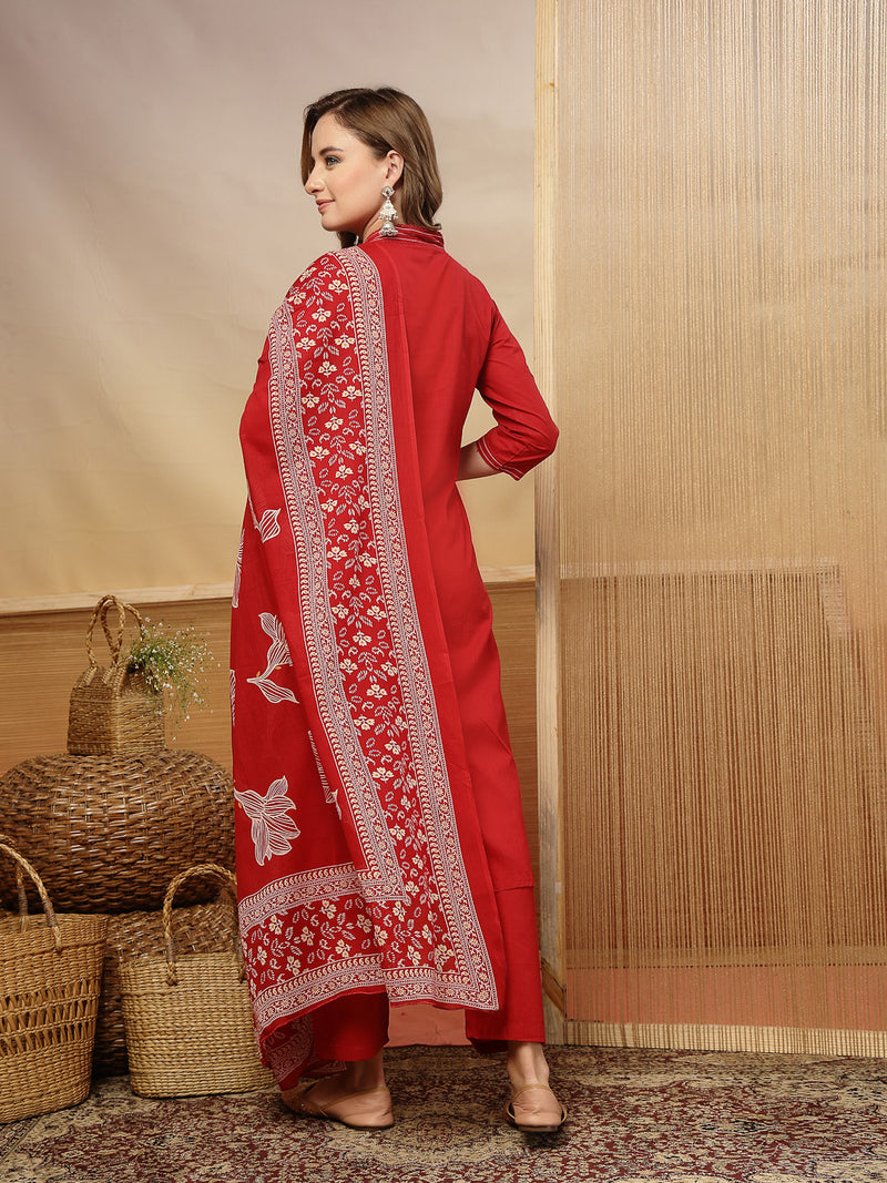 Stylum Women's Red Solid & Embroidered Cotton A-Line Kurta Pant Dupatta Set (KPDREDMUSAFIR)