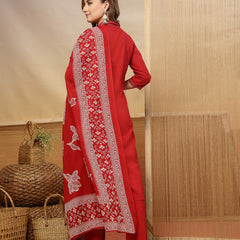 Stylum Women's Red Solid & Embroidered Cotton A-Line Kurta Pant Dupatta Set (KPDREDMUSAFIR)