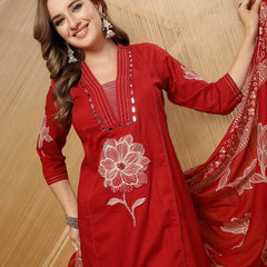 Stylum Women's Red Solid & Embroidered Cotton A-Line Kurta Pant Dupatta Set (KPDREDMUSAFIR)