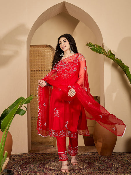Stylum Women's Red Solid & Embroidered Organza Straight Kurta Pant Dupatta Set (KPDREDPARINDA)