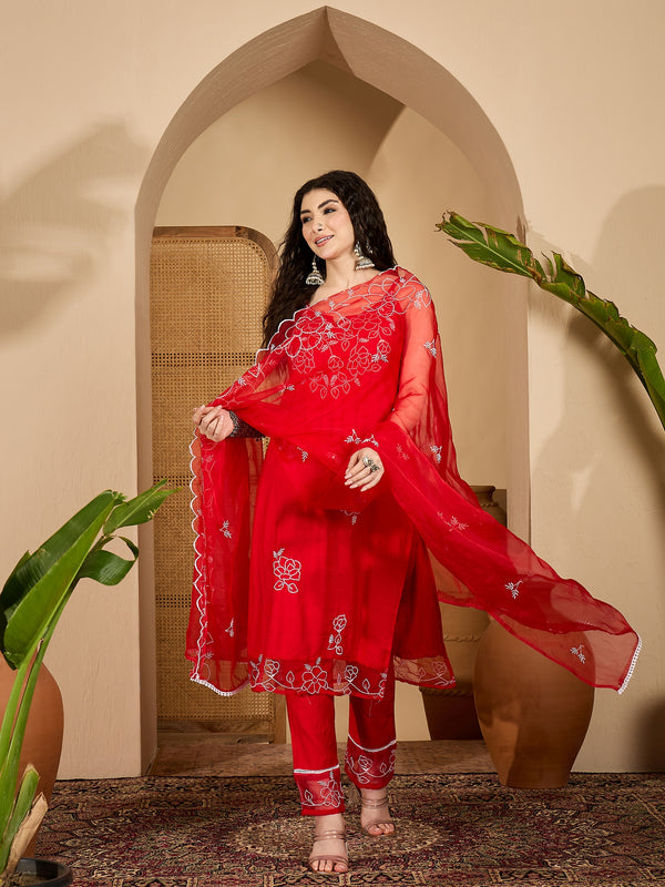 Stylum Women's Red Solid & Embroidered Organza Straight Kurta Pant Dupatta Set (KPDREDPARINDA)
