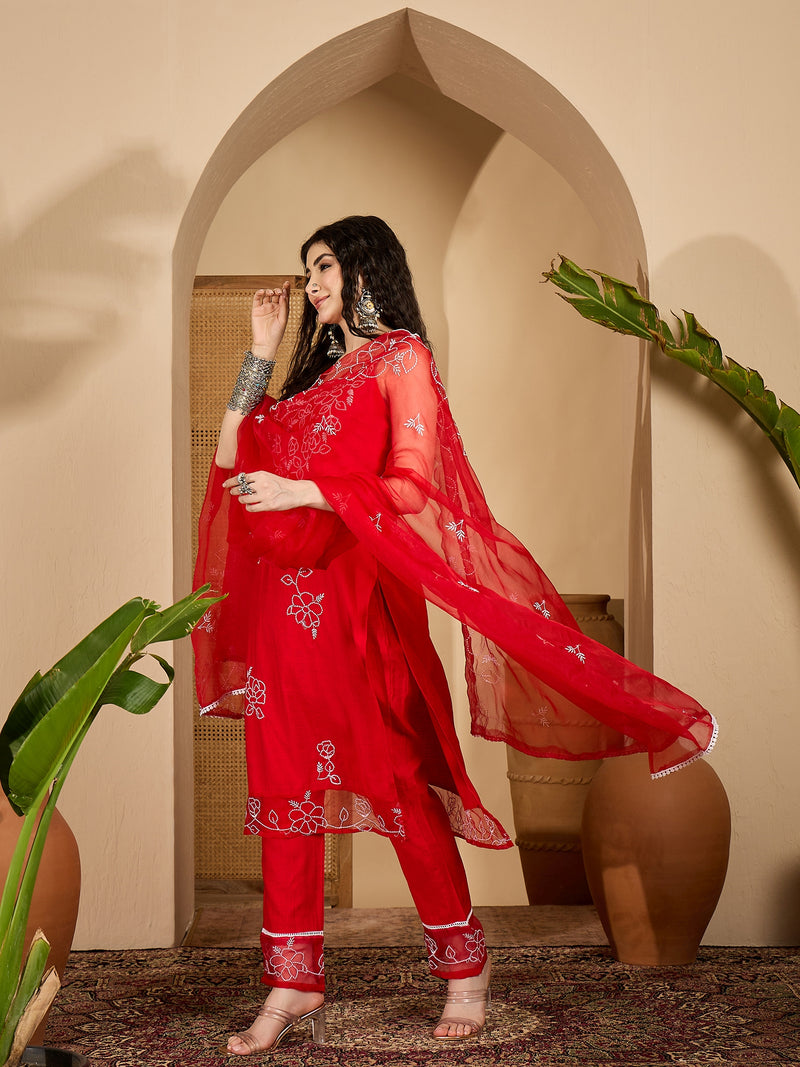 Stylum Women's Red Solid & Embroidered Organza Straight Kurta Pant Dupatta Set (KPDREDPARINDA)