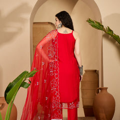 Stylum Women's Red Solid & Embroidered Organza Straight Kurta Pant Dupatta Set (KPDREDPARINDA)