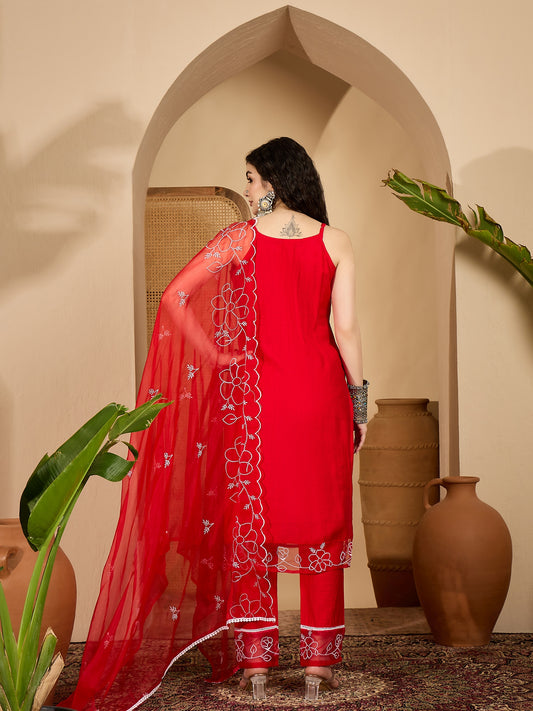 Stylum Women's Red Solid & Embroidered Organza Straight Kurta Pant Dupatta Set (KPDREDPARINDA)