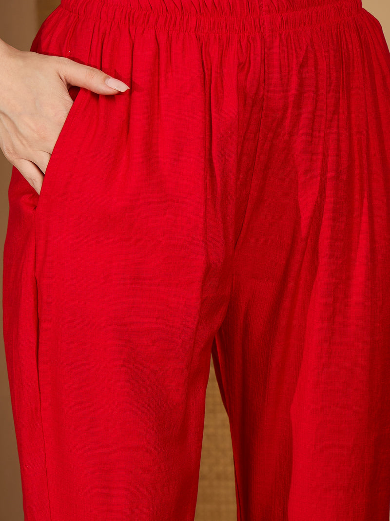 Stylum Women's Red Solid & Embroidered Organza Straight Kurta Pant Dupatta Set (KPDREDPARINDA)