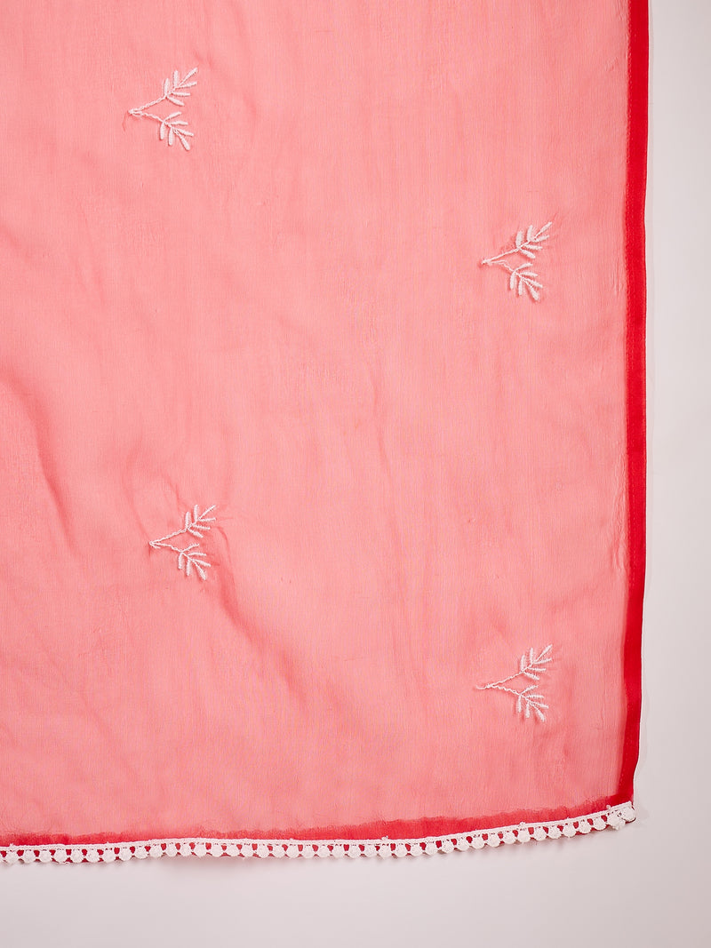 Stylum Women's Red Solid & Embroidered Organza Straight Kurta Pant Dupatta Set (KPDREDPARINDA)