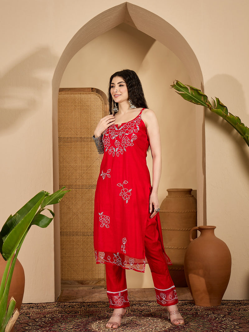 Stylum Women's Red Solid & Embroidered Organza Straight Kurta Pant Dupatta Set (KPDREDPARINDA)