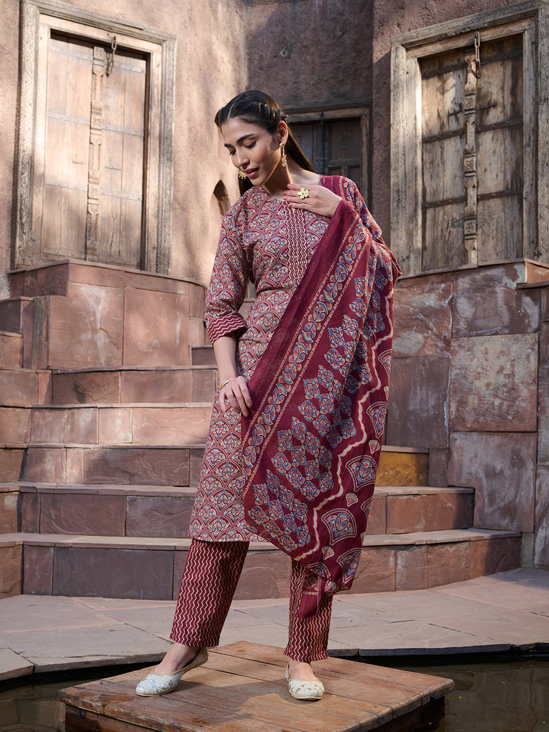 Stylum Women's Red Ethnic Printed Cotton Straight Kurta Pant Dupatta Set (KPDREDPINGA)