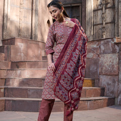 Stylum Women's Red Ethnic Printed Cotton Straight Kurta Pant Dupatta Set (KPDREDPINGA)