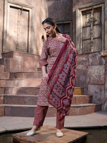 Stylum Women's Red Ethnic Printed Cotton Straight Kurta Pant Dupatta Set (KPDREDPINGA)