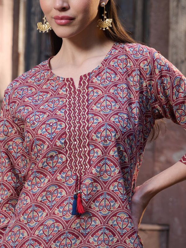 Stylum Women's Red Ethnic Printed Cotton Straight Kurta Pant Dupatta Set (KPDREDPINGA)