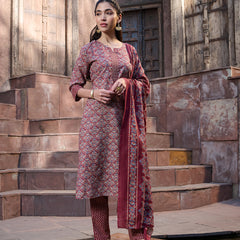Stylum Women's Red Ethnic Printed Cotton Straight Kurta Pant Dupatta Set (KPDREDPINGA)