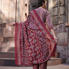 Stylum Women's Red Ethnic Printed Cotton Straight Kurta Pant Dupatta Set (KPDREDPINGA)