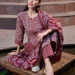 Stylum Women's Red Ethnic Printed Cotton Straight Kurta Pant Dupatta Set (KPDREDPINGA)