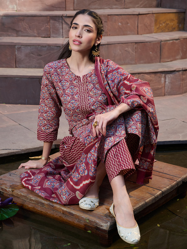 Stylum Women's Red Ethnic Printed Cotton Straight Kurta Pant Dupatta Set (KPDREDPINGA)