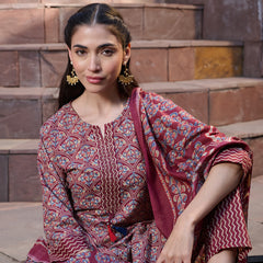 Stylum Women's Red Ethnic Printed Cotton Straight Kurta Pant Dupatta Set (KPDREDPINGA)