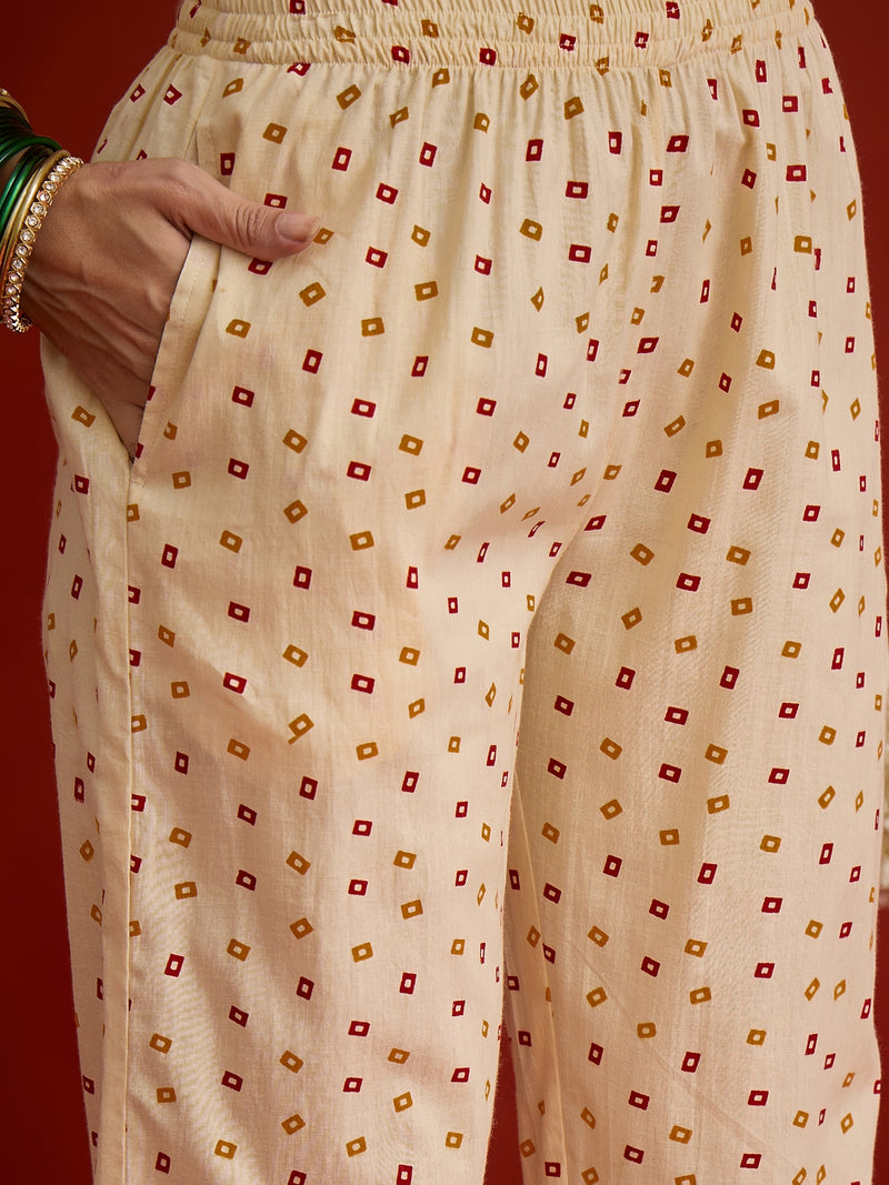 Stylum Women's Cream Bandhej Printed Cotton A-Line Kurta Pant Dupatta Set (KPDREDPOLISH)