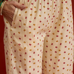 Stylum Women's Cream Bandhej Printed Cotton A-Line Kurta Pant Dupatta Set (KPDREDPOLISH)