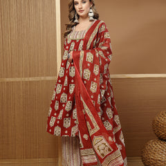 Stylum Women's Red Ajrakh Printed Cotton A-Line Kurta Palazzo Dupatta Set (KPDREDPULSE)