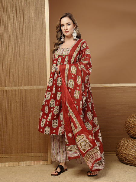 Stylum Women's Red Ajrakh Printed Cotton A-Line Kurta Palazzo Dupatta Set (KPDREDPULSE)