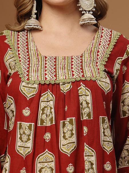 Stylum Women's Red Ajrakh Printed Cotton A-Line Kurta Palazzo Dupatta Set (KPDREDPULSE)