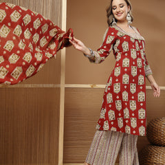 Stylum Women's Red Ajrakh Printed Cotton A-Line Kurta Palazzo Dupatta Set (KPDREDPULSE)