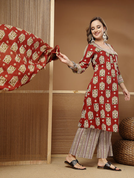Stylum Women's Red Ajrakh Printed Cotton A-Line Kurta Palazzo Dupatta Set (KPDREDPULSE)