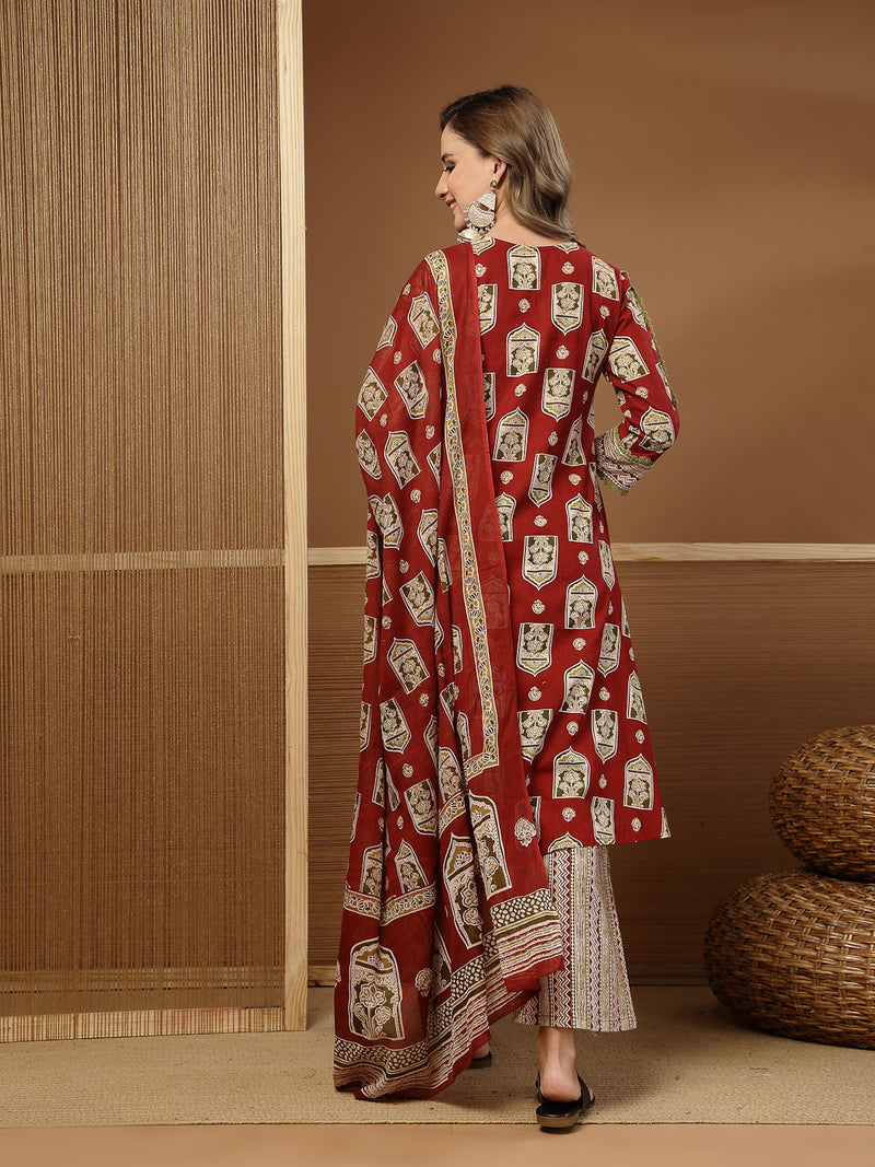 Stylum Women's Red Ajrakh Printed Cotton A-Line Kurta Palazzo Dupatta Set (KPDREDPULSE)