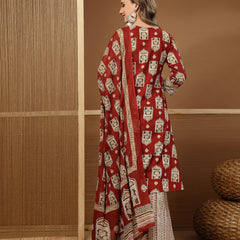 Stylum Women's Red Ajrakh Printed Cotton A-Line Kurta Palazzo Dupatta Set (KPDREDPULSE)