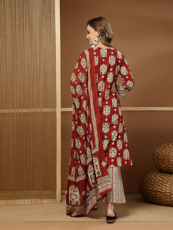 Stylum Women's Red Ajrakh Printed Cotton A-Line Kurta Palazzo Dupatta Set (KPDREDPULSE)