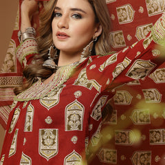 Stylum Women's Red Ajrakh Printed Cotton A-Line Kurta Palazzo Dupatta Set (KPDREDPULSE)