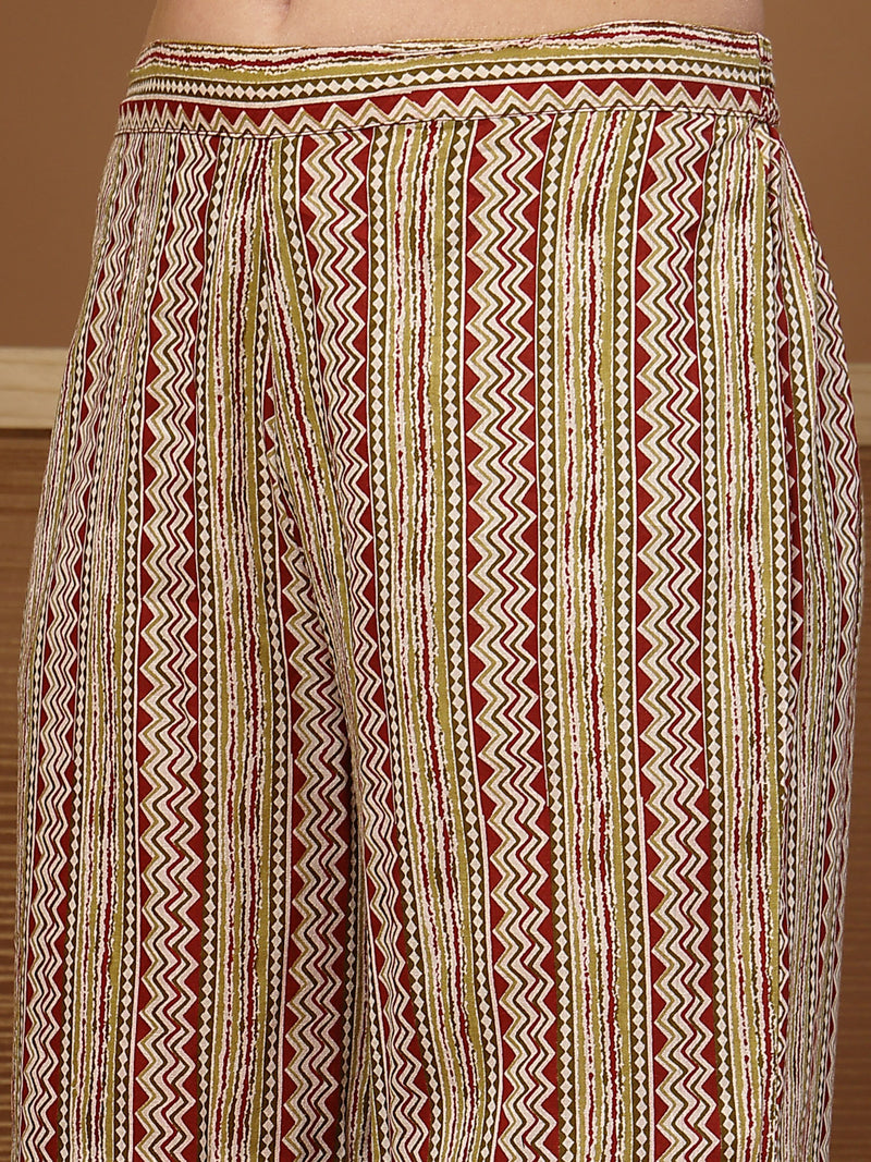 Stylum Women's Red Ajrakh Printed Cotton A-Line Kurta Palazzo Dupatta Set (KPDREDPULSE)