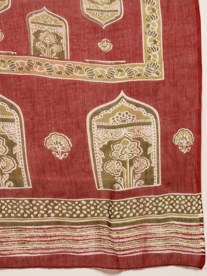 Stylum Women's Red Ajrakh Printed Cotton A-Line Kurta Palazzo Dupatta Set (KPDREDPULSE)