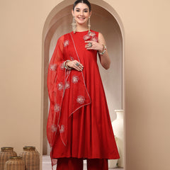 Stylum Women's Red Solid & Embellished Rayon Flared Kurta Palazzo Dupatta Set (KPDREDPURVI)