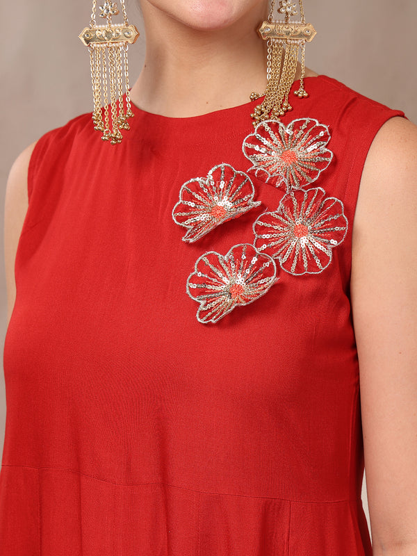 Stylum Women's Red Solid & Embellished Rayon Flared Kurta Palazzo Dupatta Set (KPDREDPURVI)