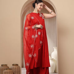 Stylum Women's Red Solid & Embellished Rayon Flared Kurta Palazzo Dupatta Set (KPDREDPURVI)