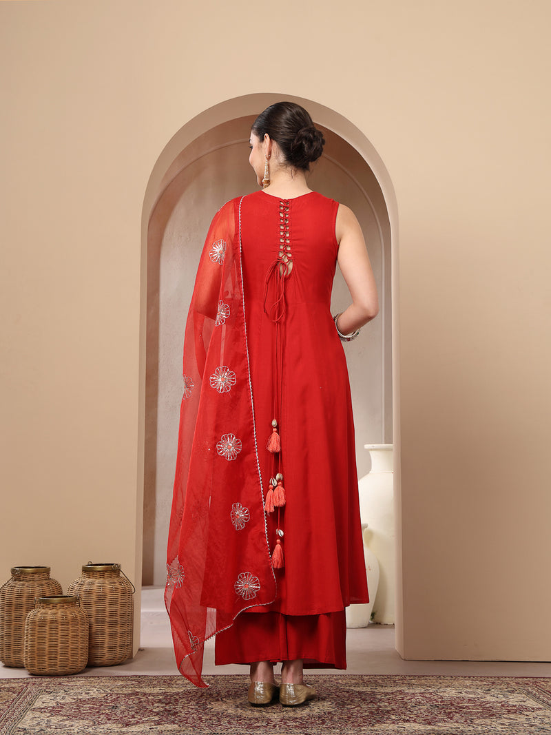 Stylum Women's Red Solid & Embellished Rayon Flared Kurta Palazzo Dupatta Set (KPDREDPURVI)