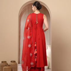 Stylum Women's Red Solid & Embellished Rayon Flared Kurta Palazzo Dupatta Set (KPDREDPURVI)