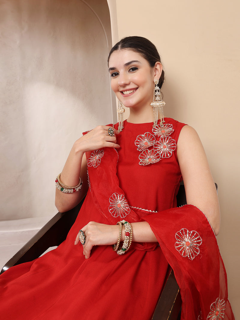Stylum Women's Red Solid & Embellished Rayon Flared Kurta Palazzo Dupatta Set (KPDREDPURVI)