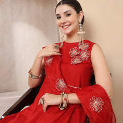 Stylum Women's Red Solid & Embellished Rayon Flared Kurta Palazzo Dupatta Set (KPDREDPURVI)
